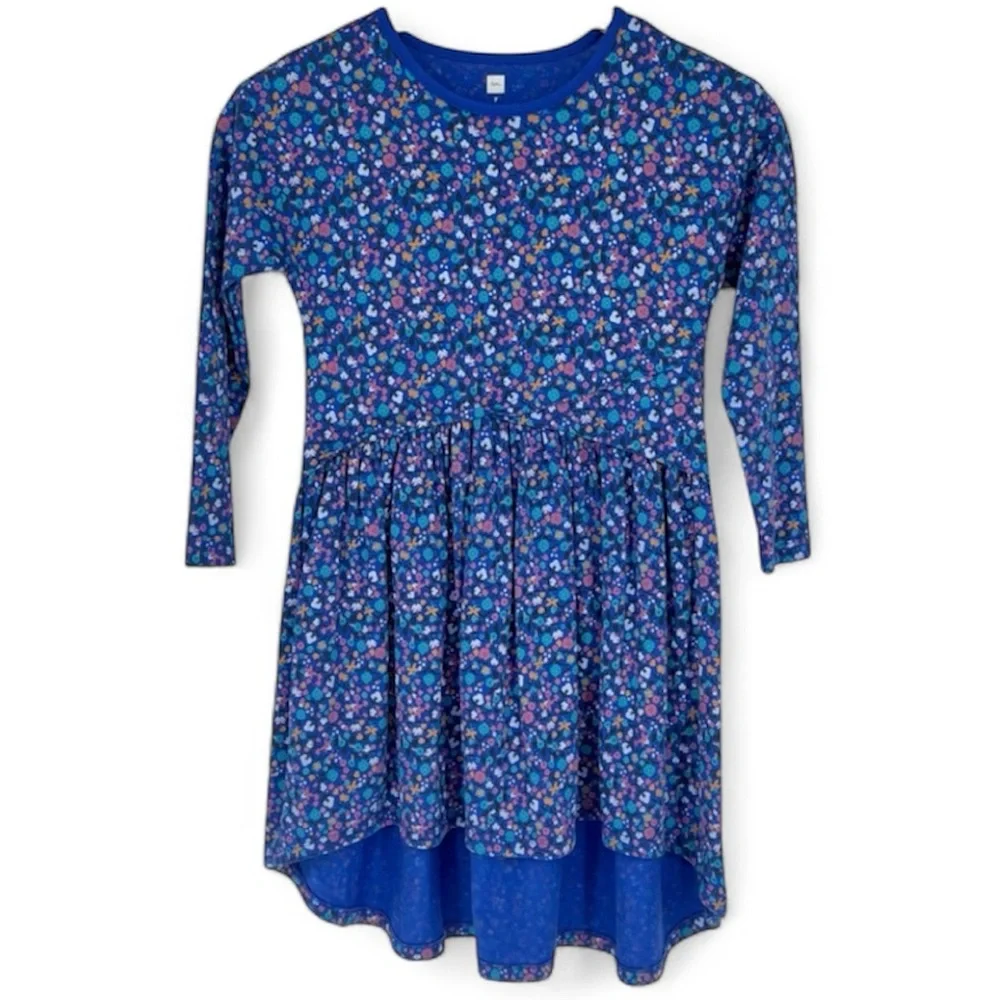 Tea Collection Vibrant‎ Floral Blue Purple Long Sleeve Kids Dress Sz 7